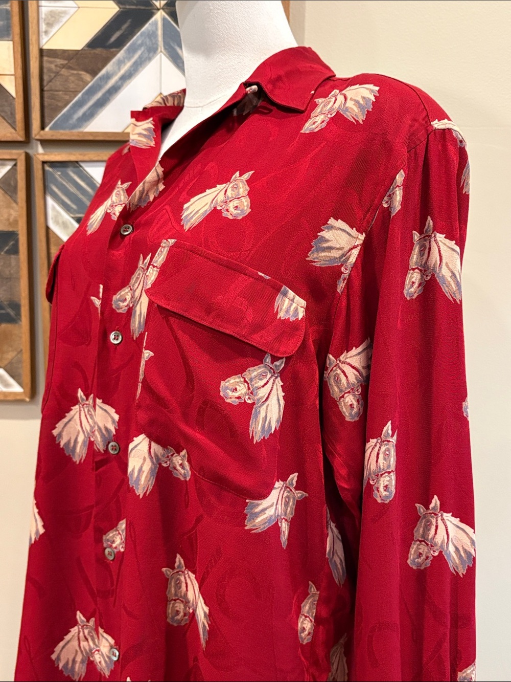 Vintage Ralph Lauren 90s Red Equestrian Horse Print Button Front Top 4 *As-Is* - Picture 6 of 16